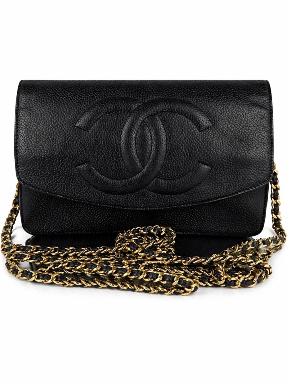 CHANEL TIMELESS CC WALLET ON CHAIN WOC BLACK CAVIAR LEATHER BAG GOLD CHAIN